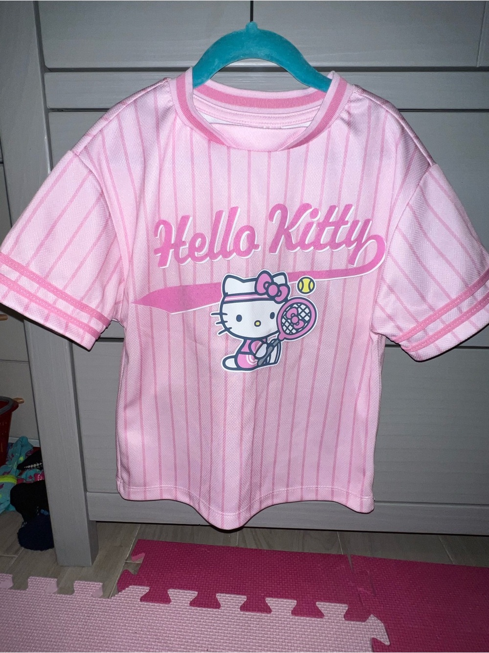 Hello Kitty Light Pink Striped Short Sleeve Tee with Tennis Graphic (XS 4/5)